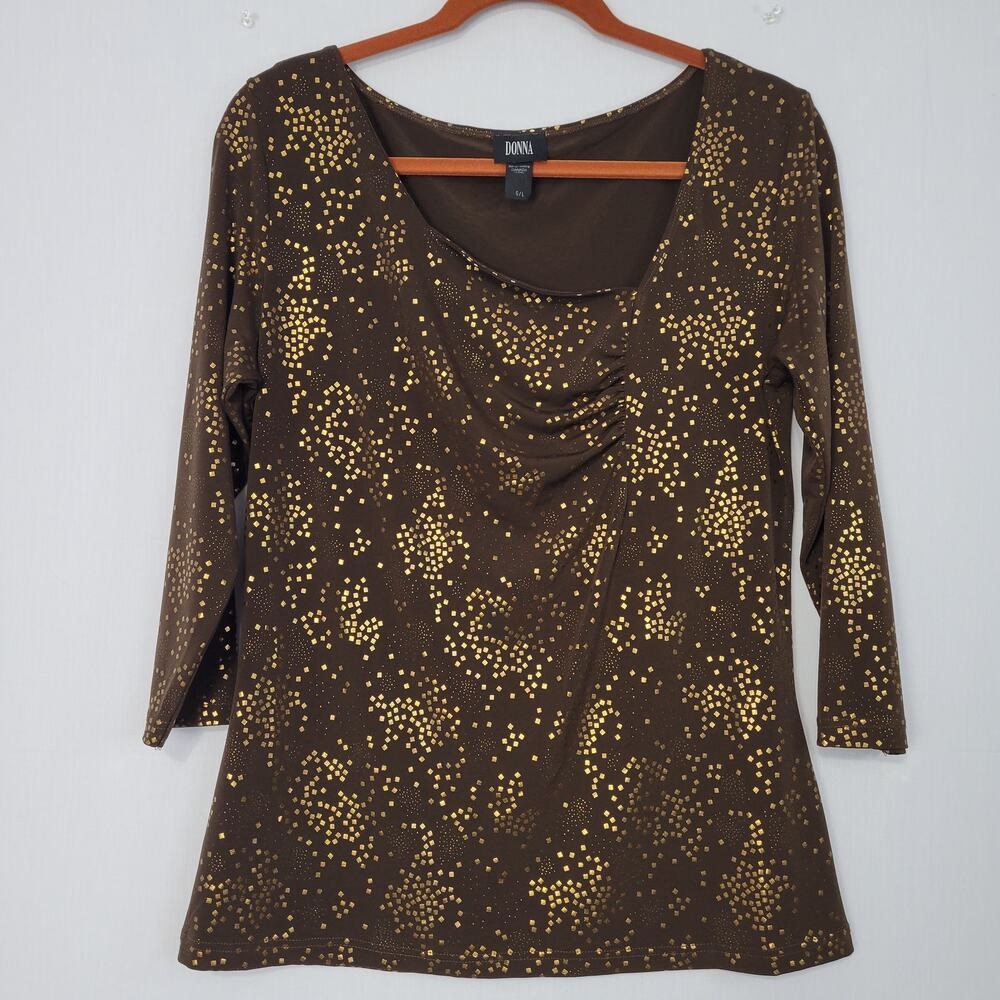 Vintage Y2K 3/4 Sleeve Asymmetrical Neckline Blouse size L Brown Gold Shimmer